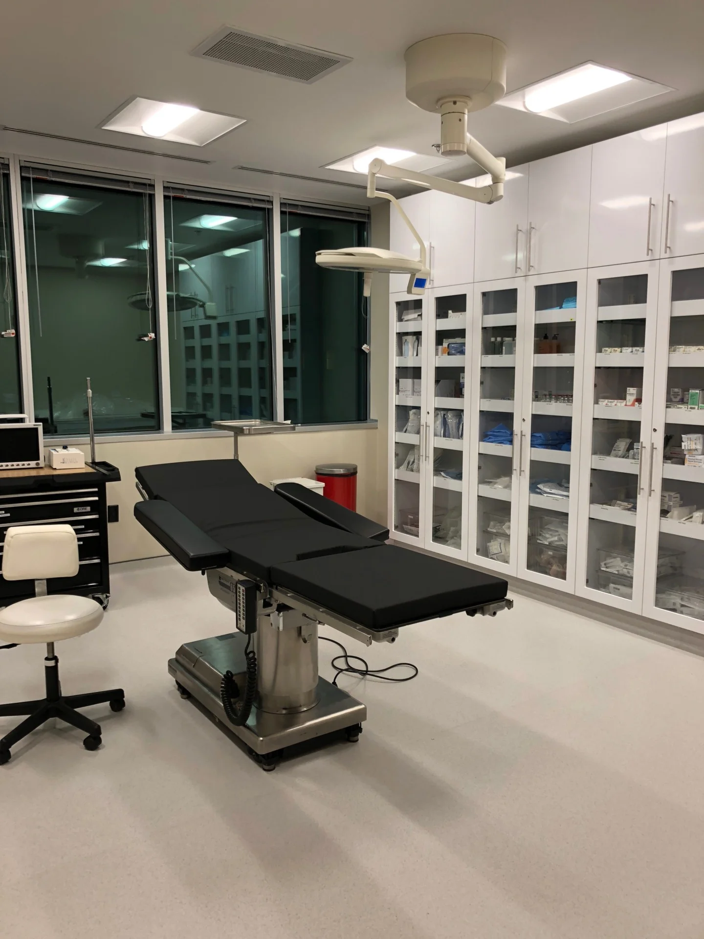 Plastic surgery office with picture windows and black chair for patient